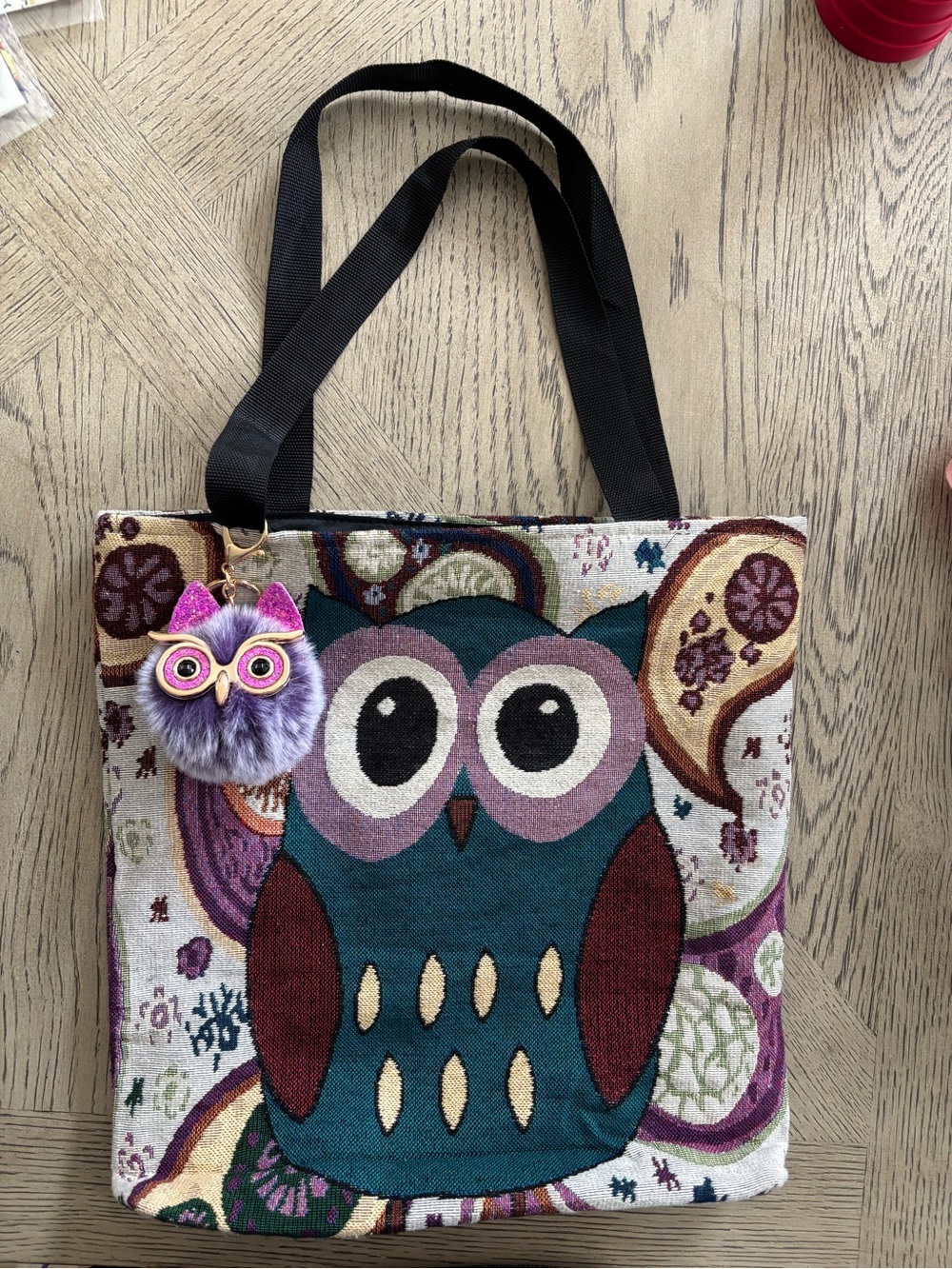 Women’s Owl Tapestry Tote Bag in Teal and Burgundy - Plush Owl Charm